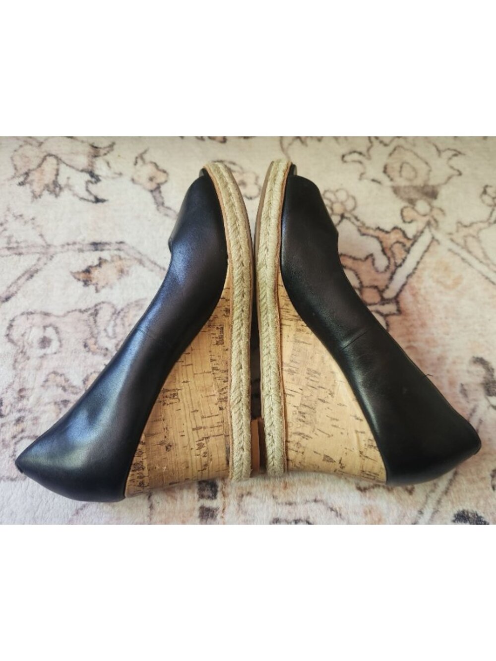 Cole Haan Women's Sz. 7.5 Black Leather Peep Toe Wedge Sandals - Picture 4 of 7